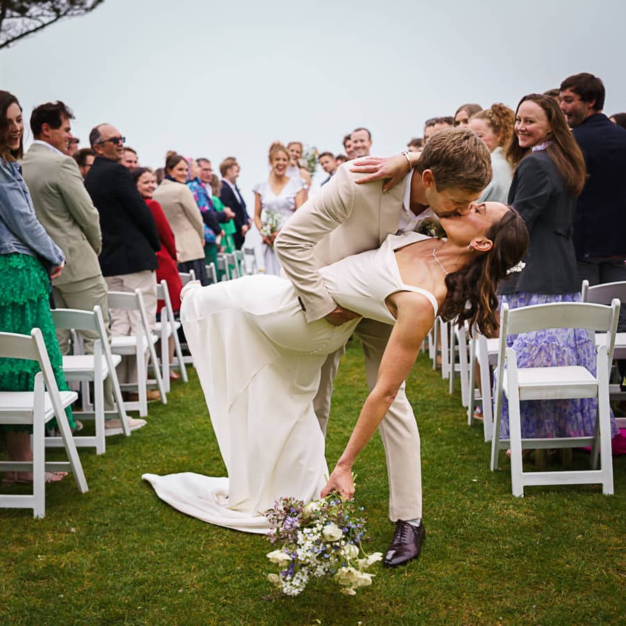 Devon wedding ceremony dip kiss